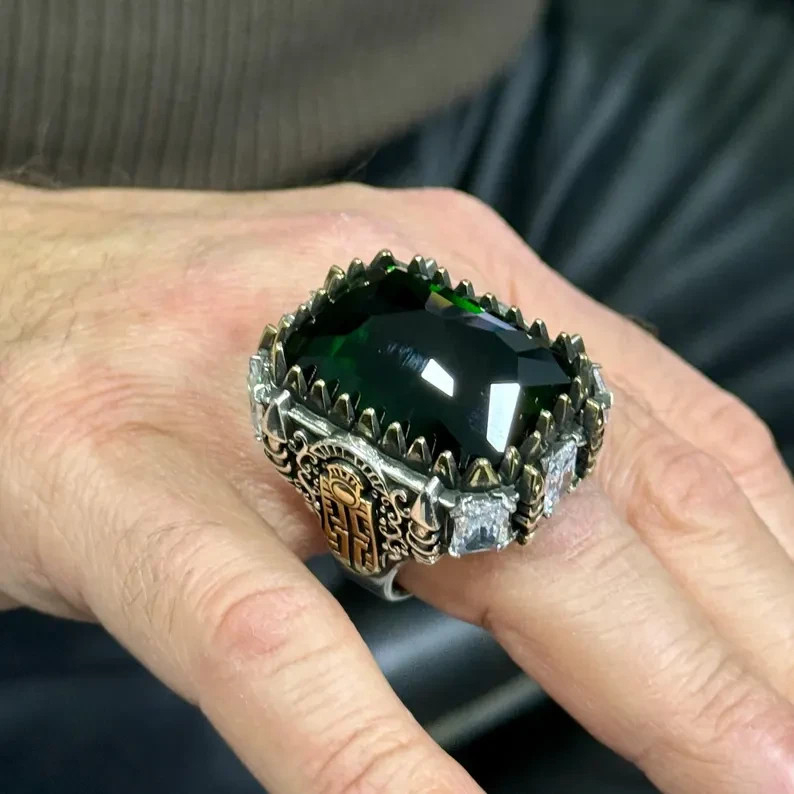 Solid 925 Turkish Handmade Green Emerald Ring Large Men Statement Jewelry