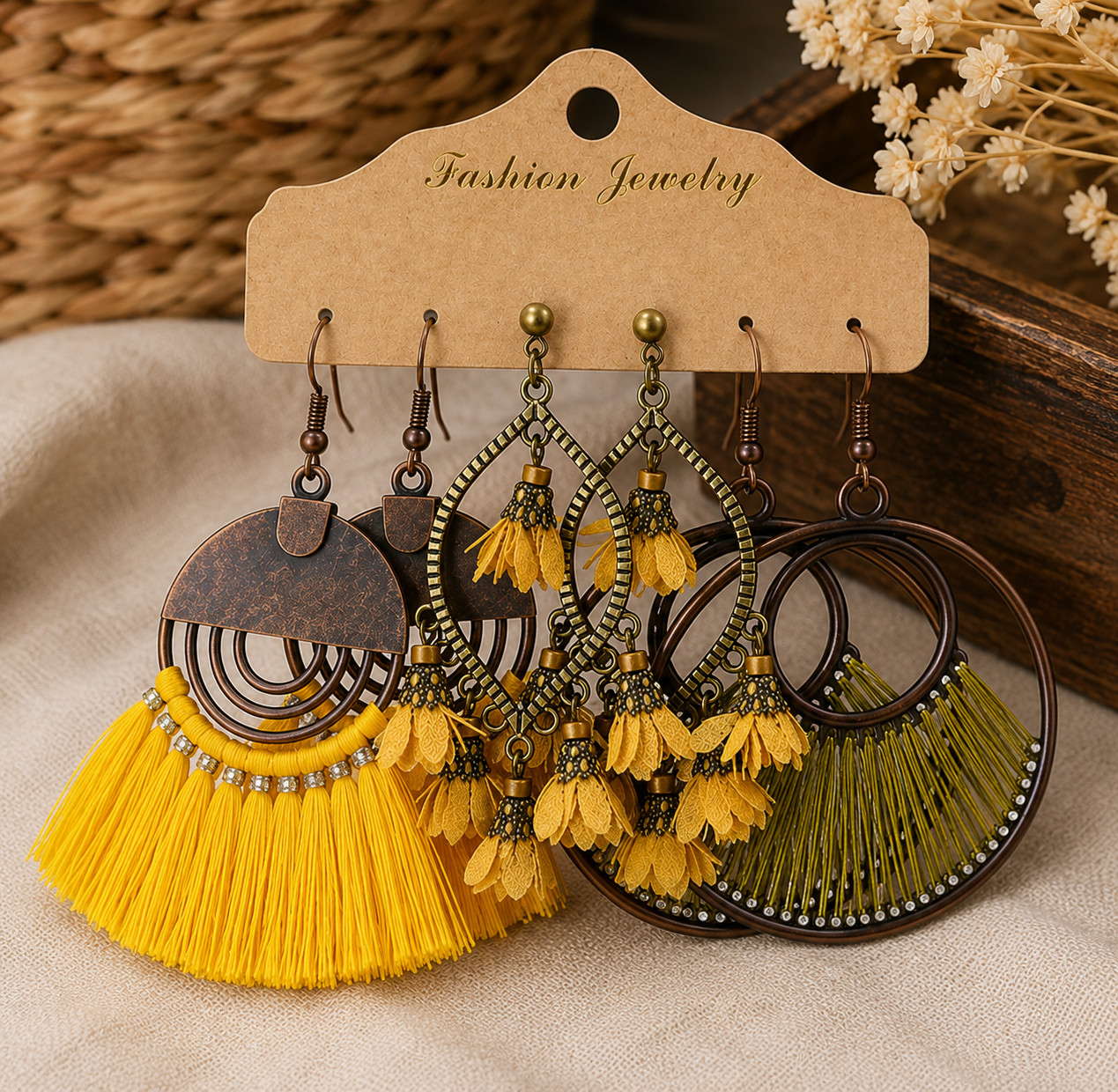 3 Pairs Women’s Boho Tassel Dangle Earrings Yellow Green Ethnic Statement Set