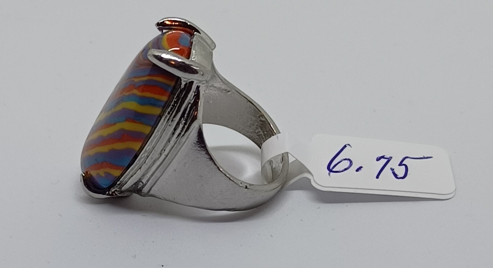 Striped Cabochon Ring Womens Rainbow Colors Stone Size 6.75 Stainless Steel
