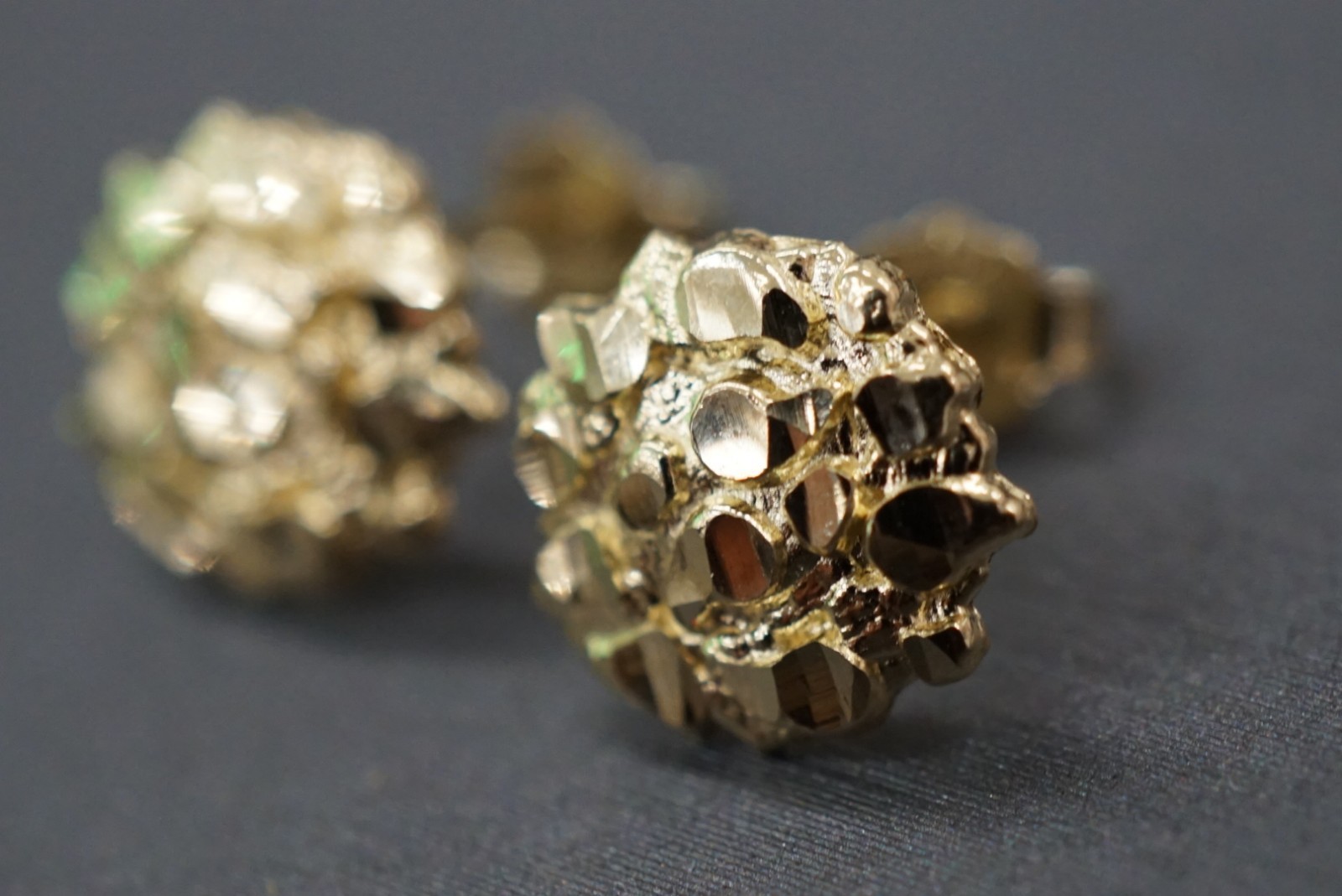 Real 10K Solid Yellow Gold 10MM Diamond Cut Round Nugget Stud Earrings.