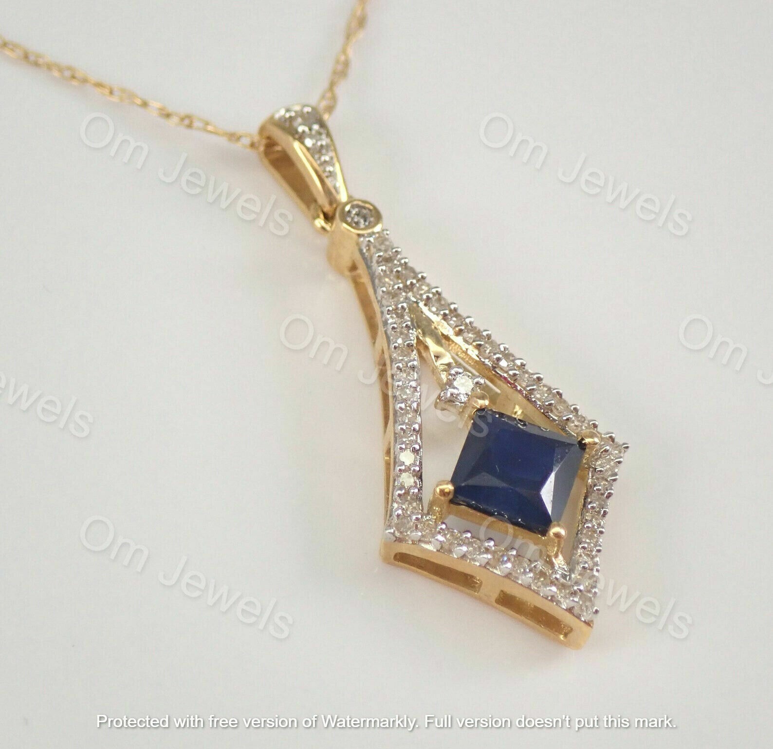 1Ct Princess Sapphire & Diamond Necklace Pendant 14K Yellow Gold Over 18″ Chain