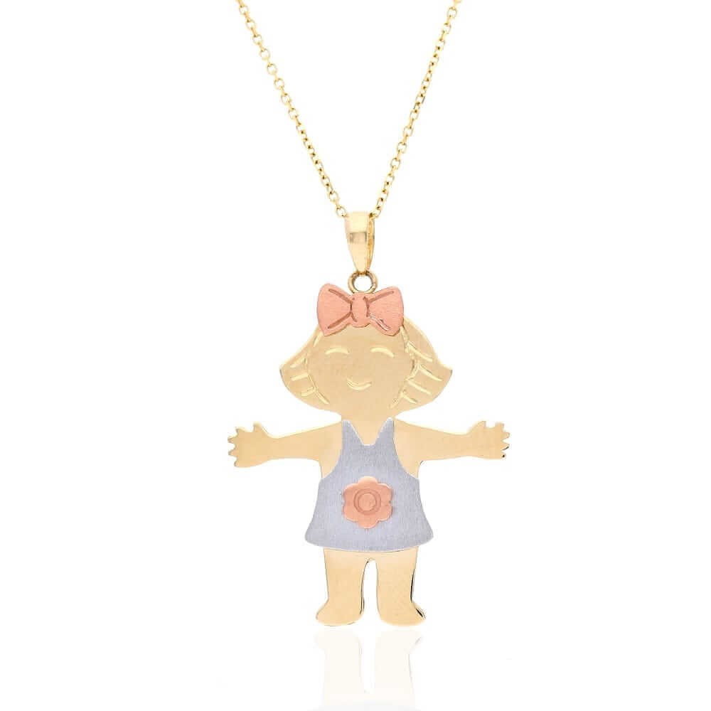 14k Tri-Color Gold Textured Girl KidsPendant Cable Chain Necklace 16″-18″