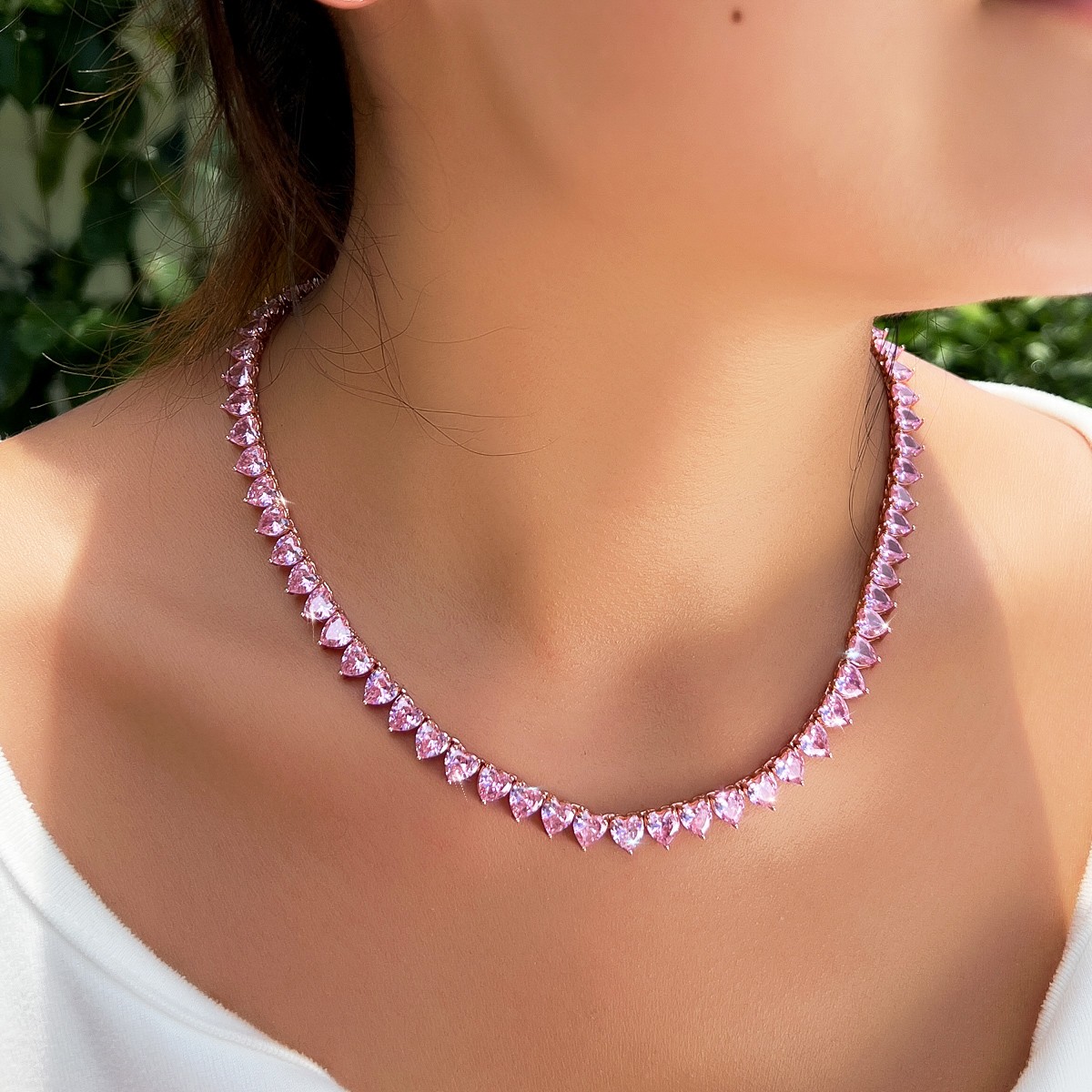 Romantic 585 Rose Gold Pink CZ Love Heart Tennis Choker Necklace for Women Party