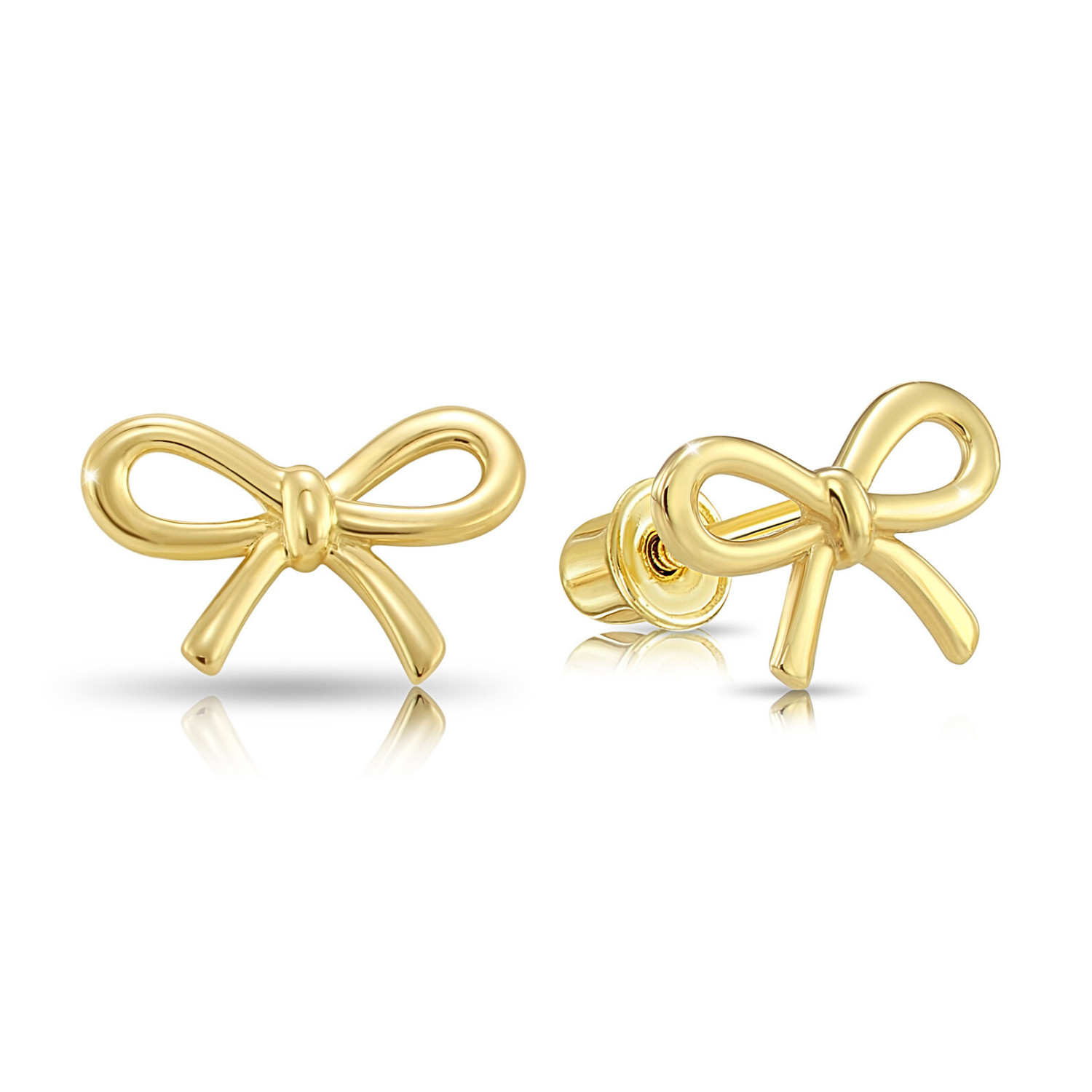 14K Real Solid Yellow Gold Dainty Ribbon Bow Sleeper Stud Earrings Screw-back