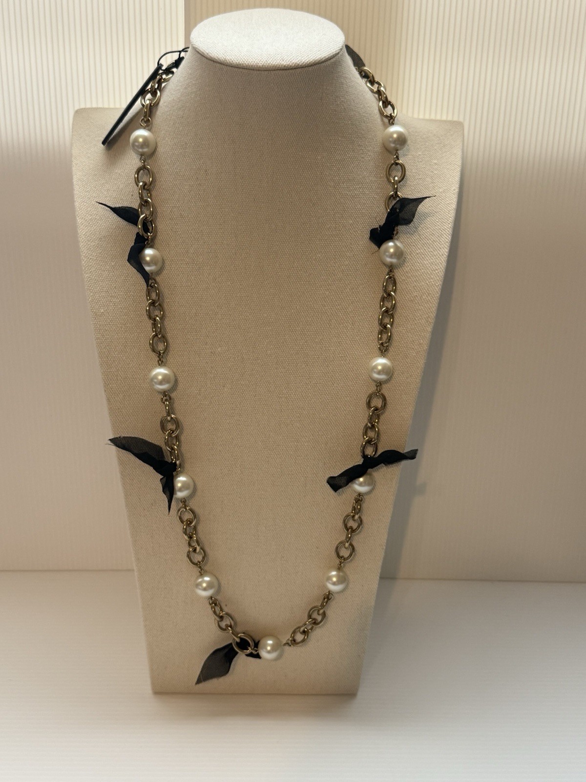 90’s Ann Taylor NWT Statement Necklace Chain Pearl Ribbon Heavy Chunky 33.5” L
