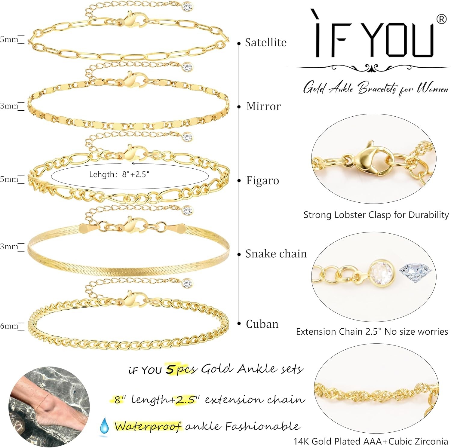 Exquisite 4k Gold Plated Cuban Link Ankle Bracelets Set – Adjustable 5pcs