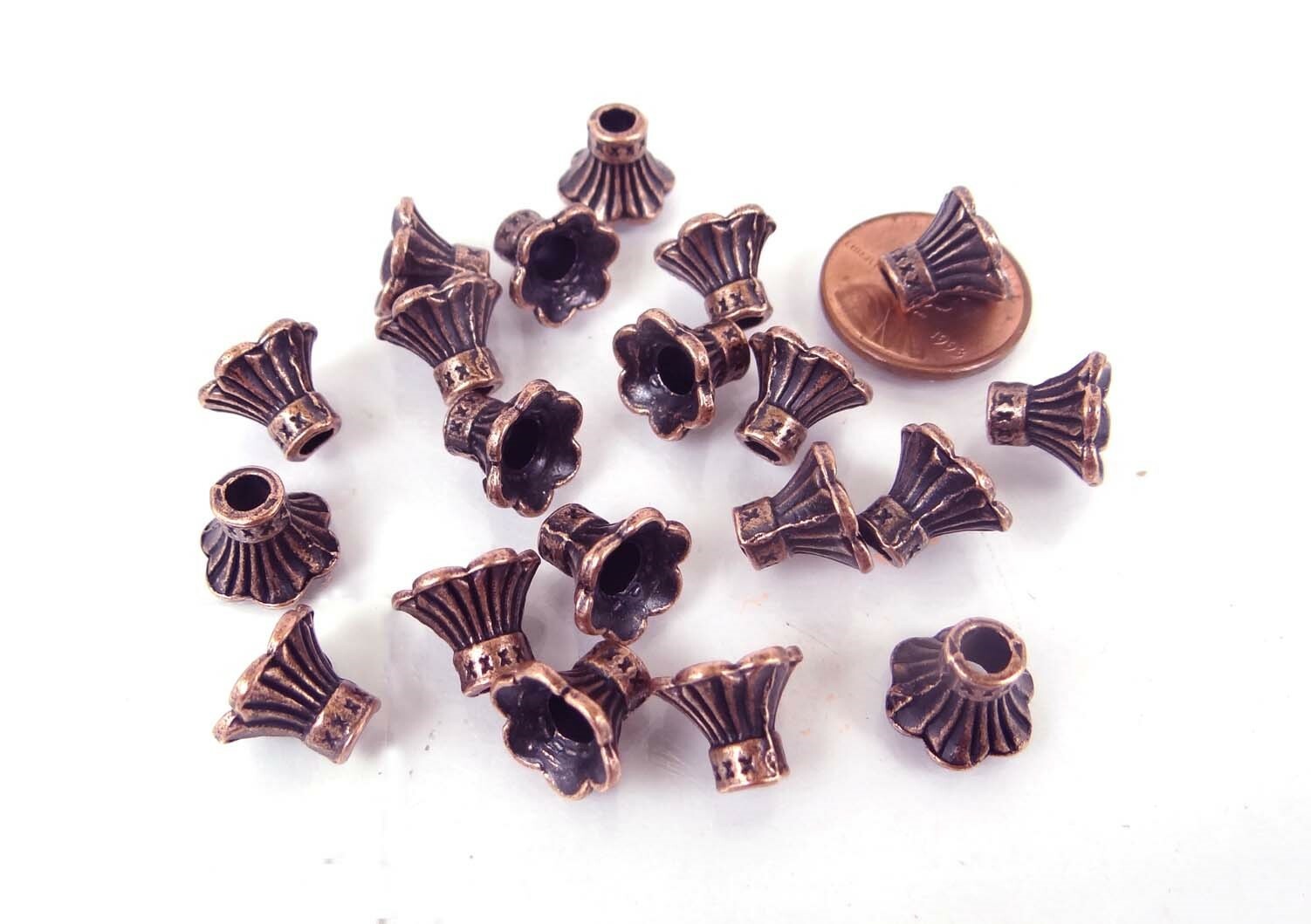 20 Antique Copper Pewter Petal Bell Flowers Caps Beads 9x10mm