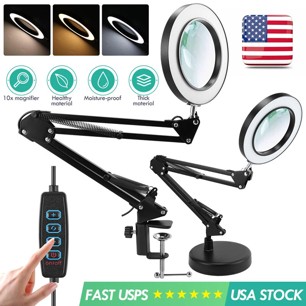 10X Magnifying Glass with Light and Stand, 2-in-1 LED Magnifier Desk Lamp for US