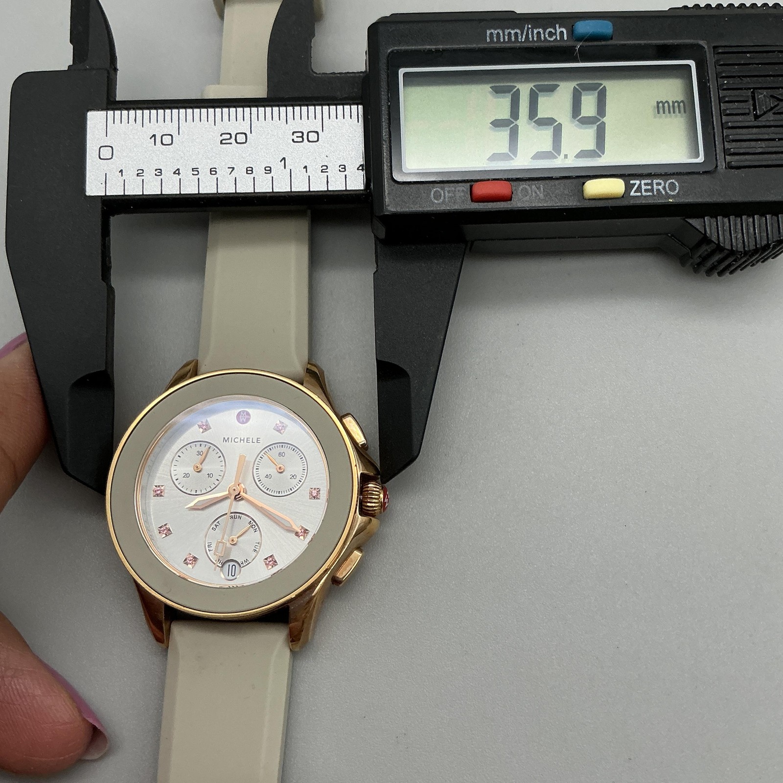 Michele Womens Watch 36mm Rose Gold Tone Chronograph Silver Tone New Battery