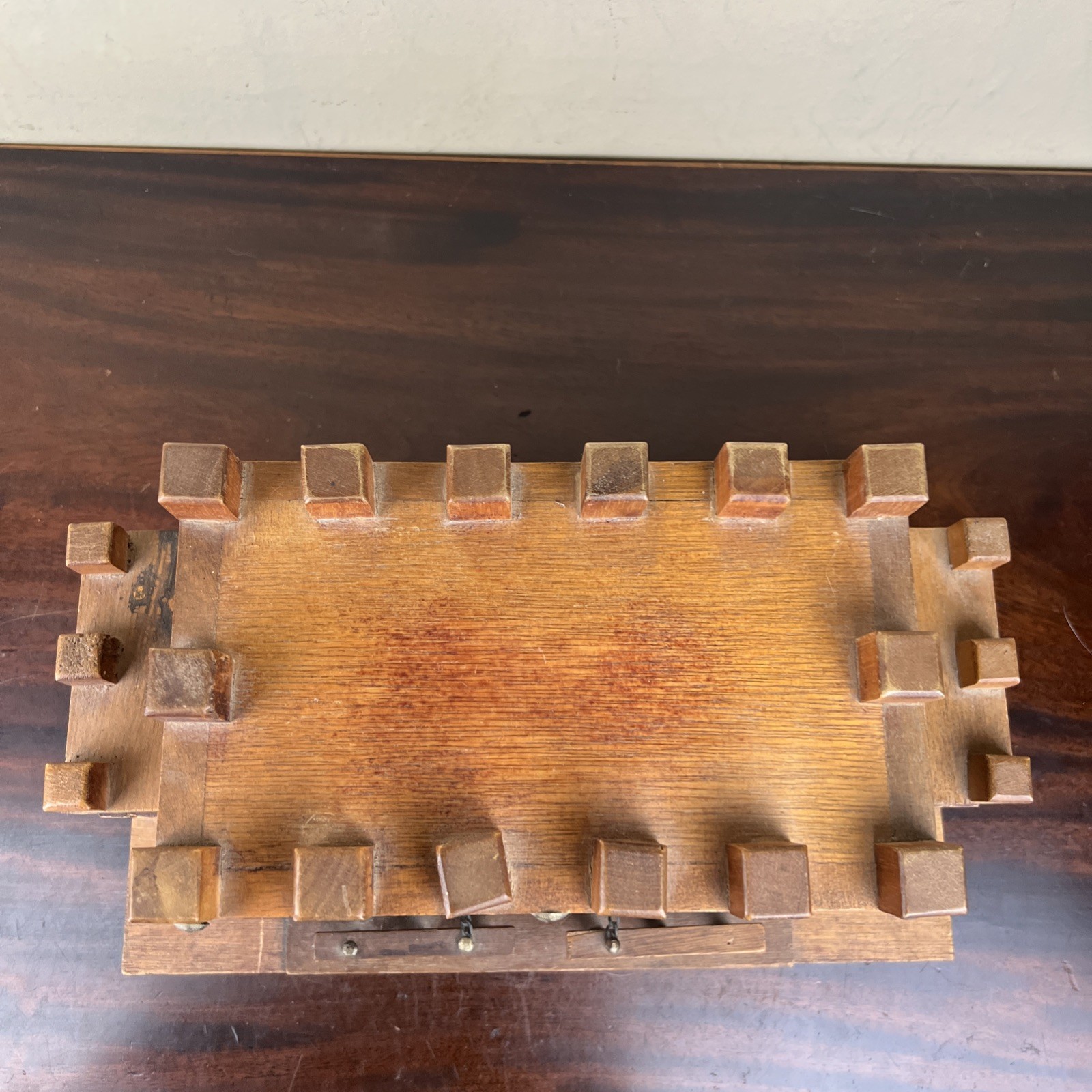 VTG Mid Century Castle Wooden Jewelry Box Red Velvet Lined 13.5″ Medieval Patina