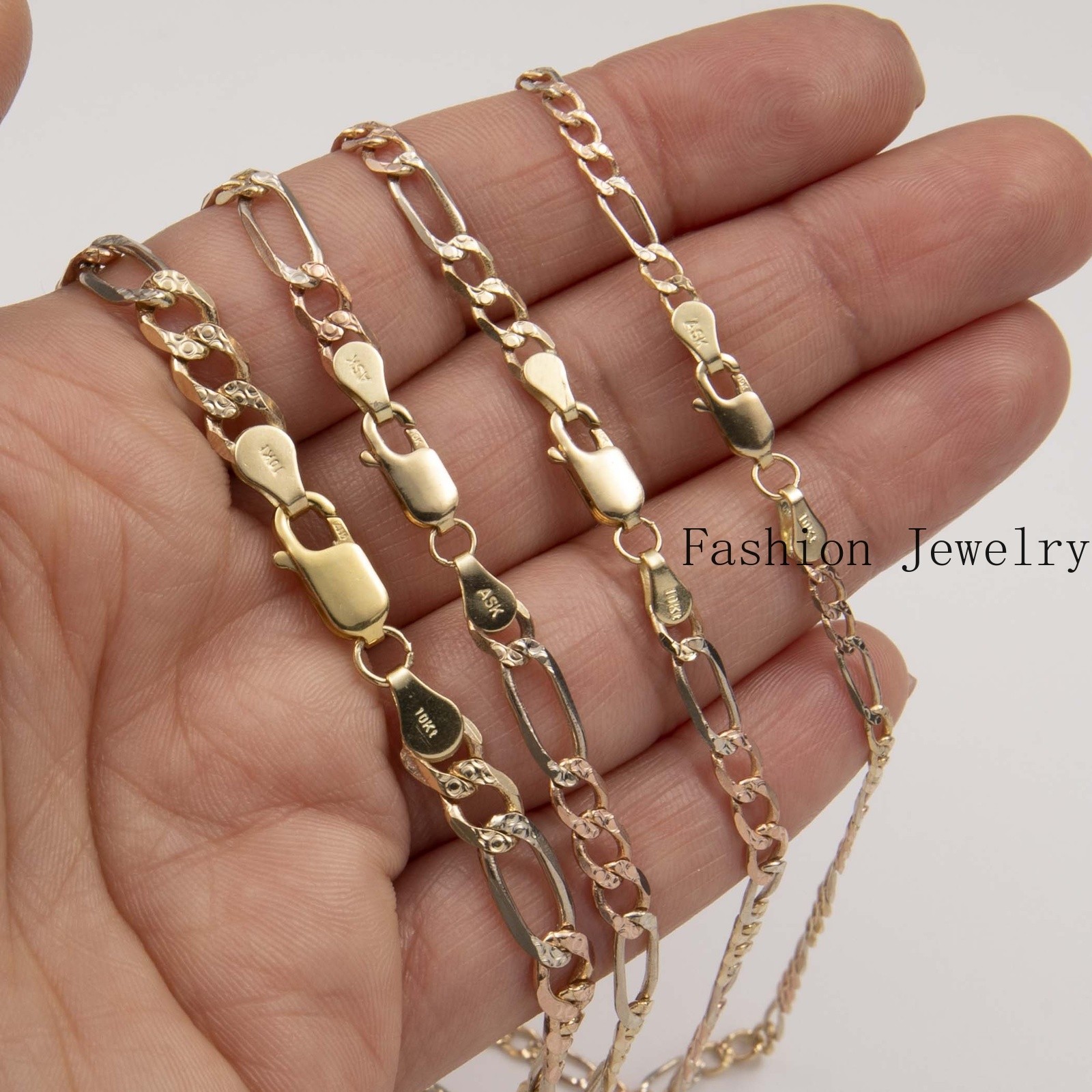Solid 10K Gold Diamond-Cut Figaro Link Chain Necklace 10K Yellow White Rose Gold