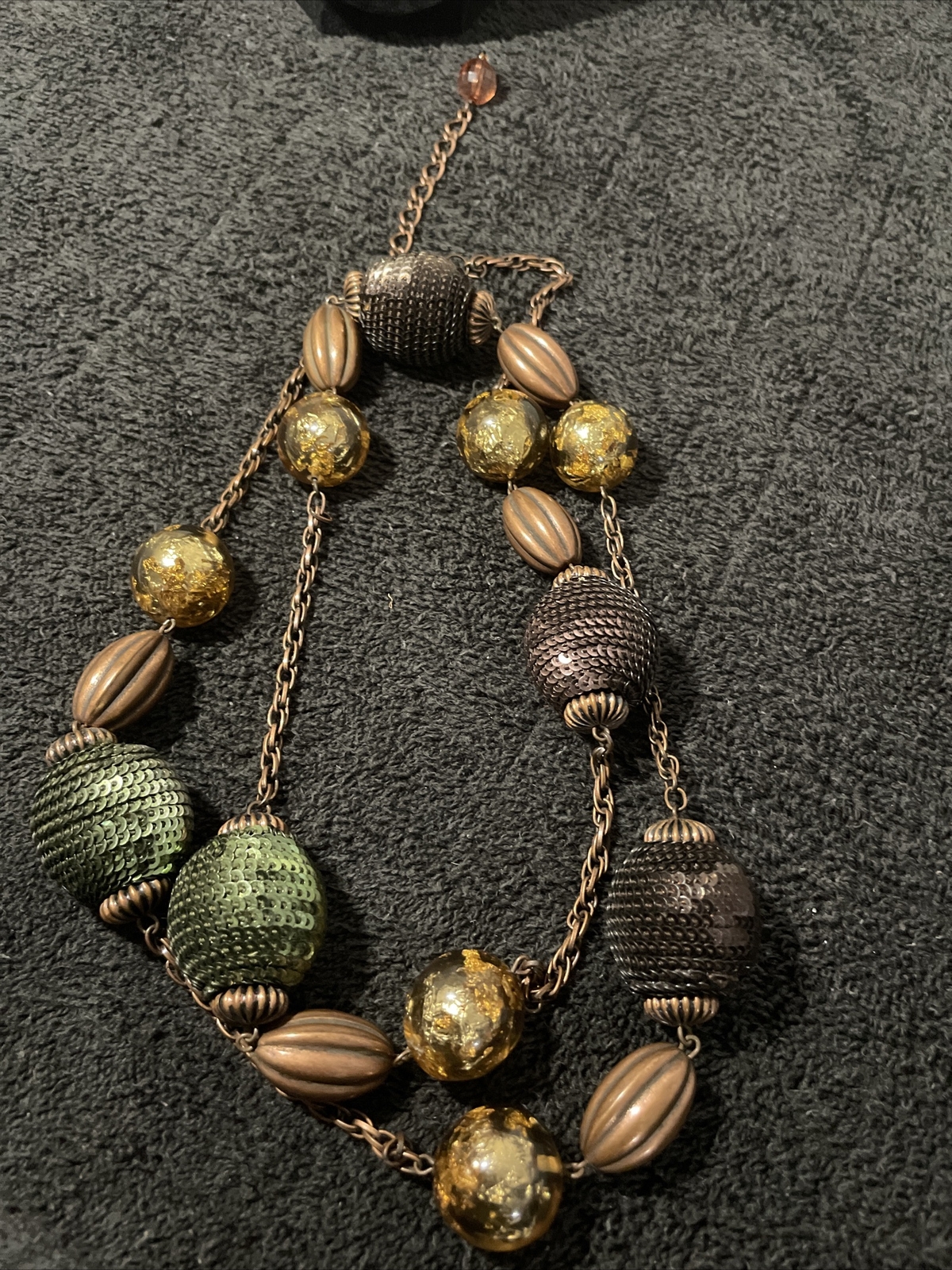VTG Chunky Statement Beaded & Mixed Mesh Green Gold Honey Tan Sparkle Necklace