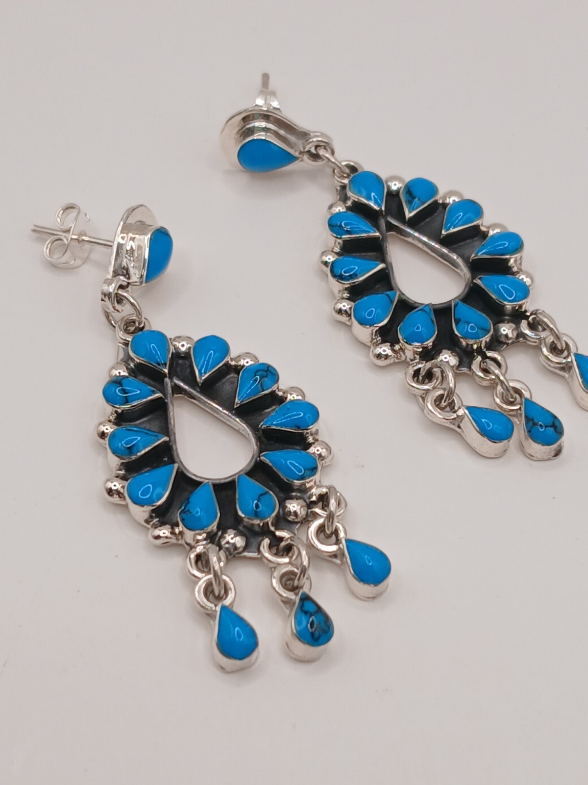 Sterling Silver Navajo Style Turquoise Teardrop Dangle Earrings 61mm