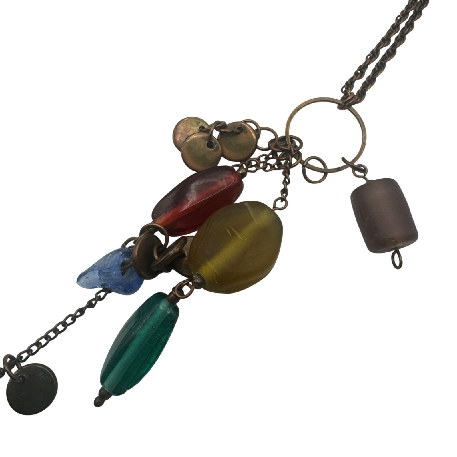 Multicolor Beaded Pendant Necklace 28 Inches Tassel Charm Accents Antique Brass