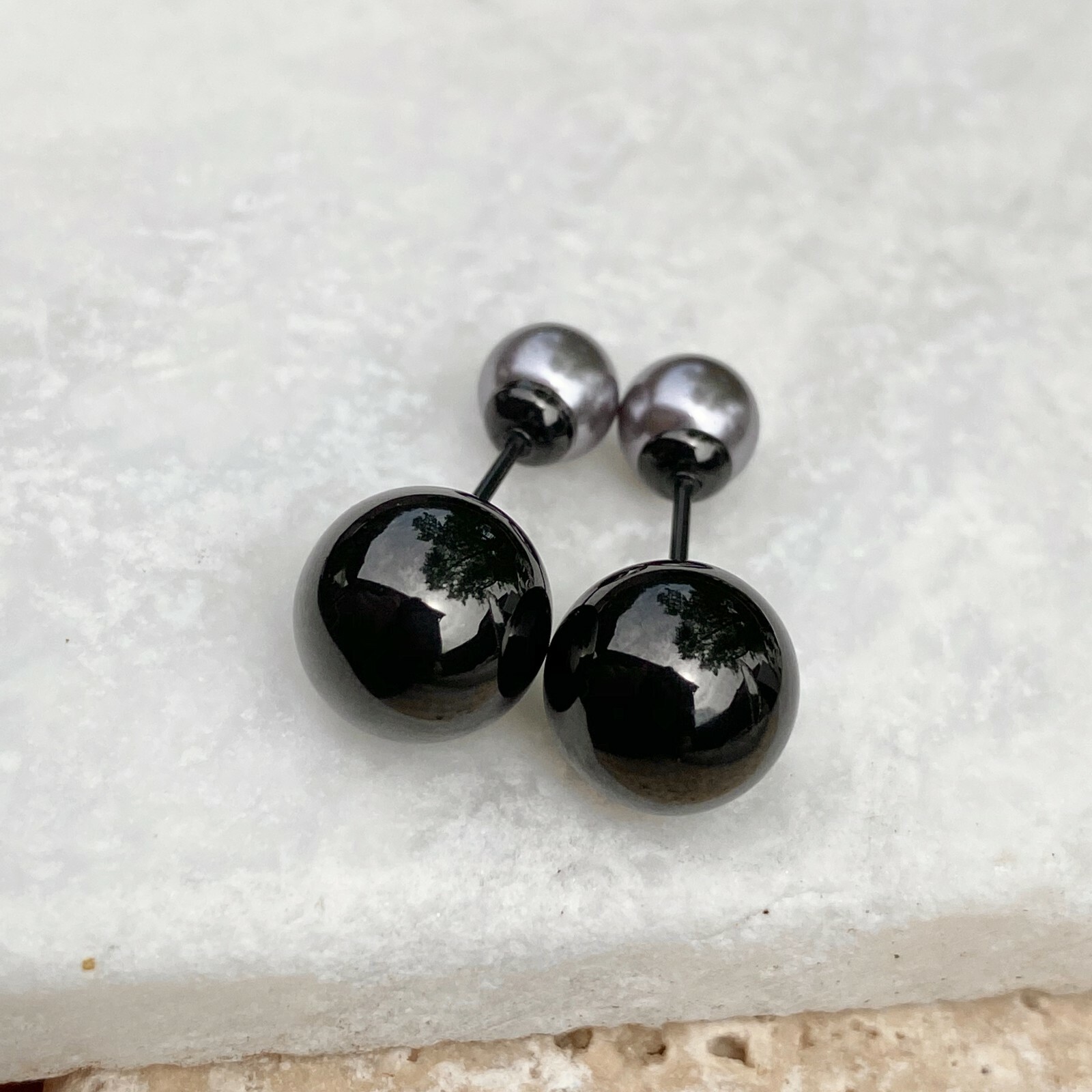 Stainless Steel Double Ended Gray Pearl + Black Ball Post Stud Earrings NEW