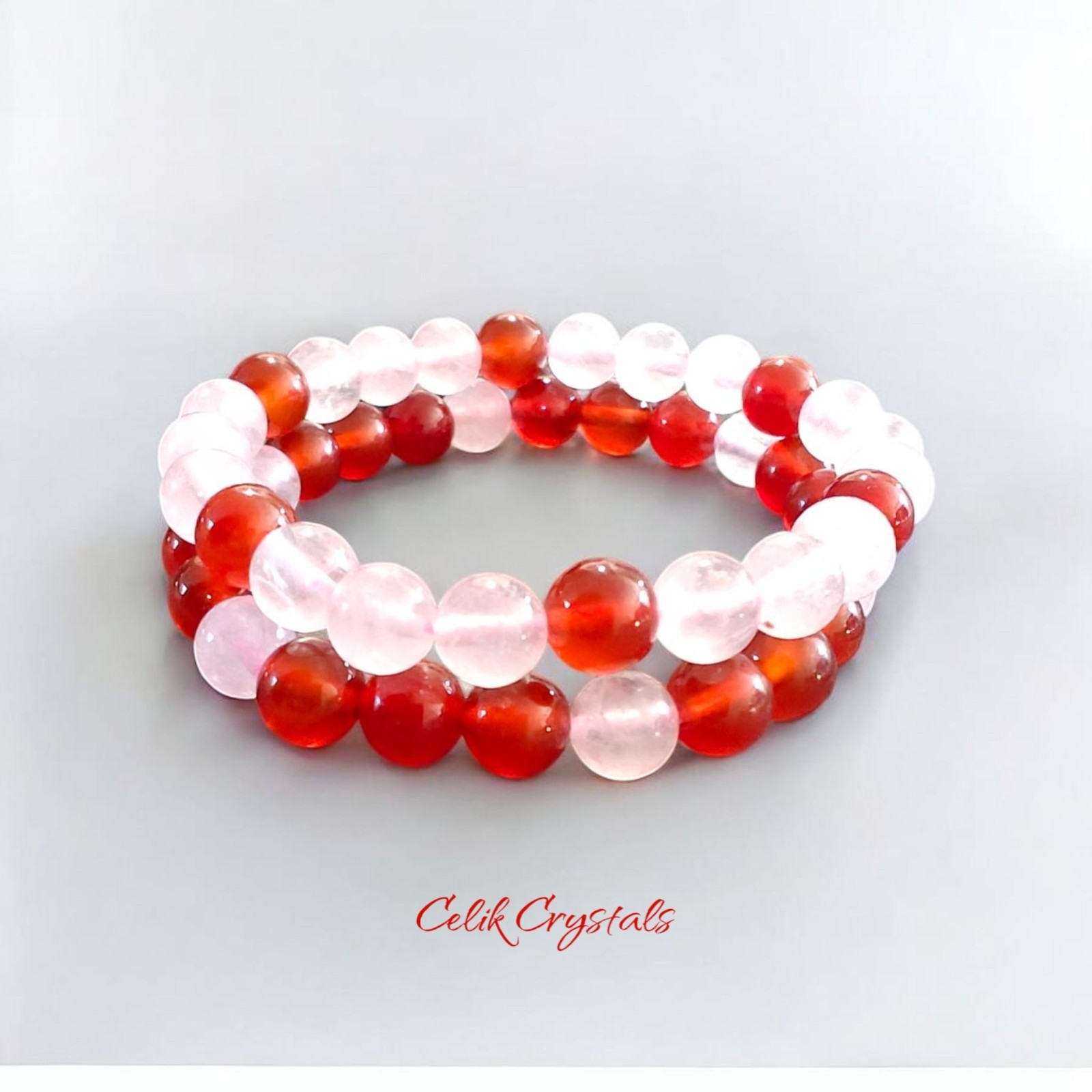 Rose Quartz & Carnelian Bracelet 2 Piece Set Natural Stones 8mm Stretches
