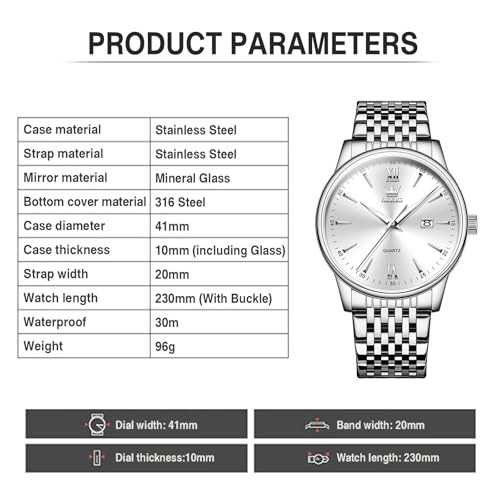 Mens Silver Watches Classic Luxury Waterproof Watch for Men Silver-G5009