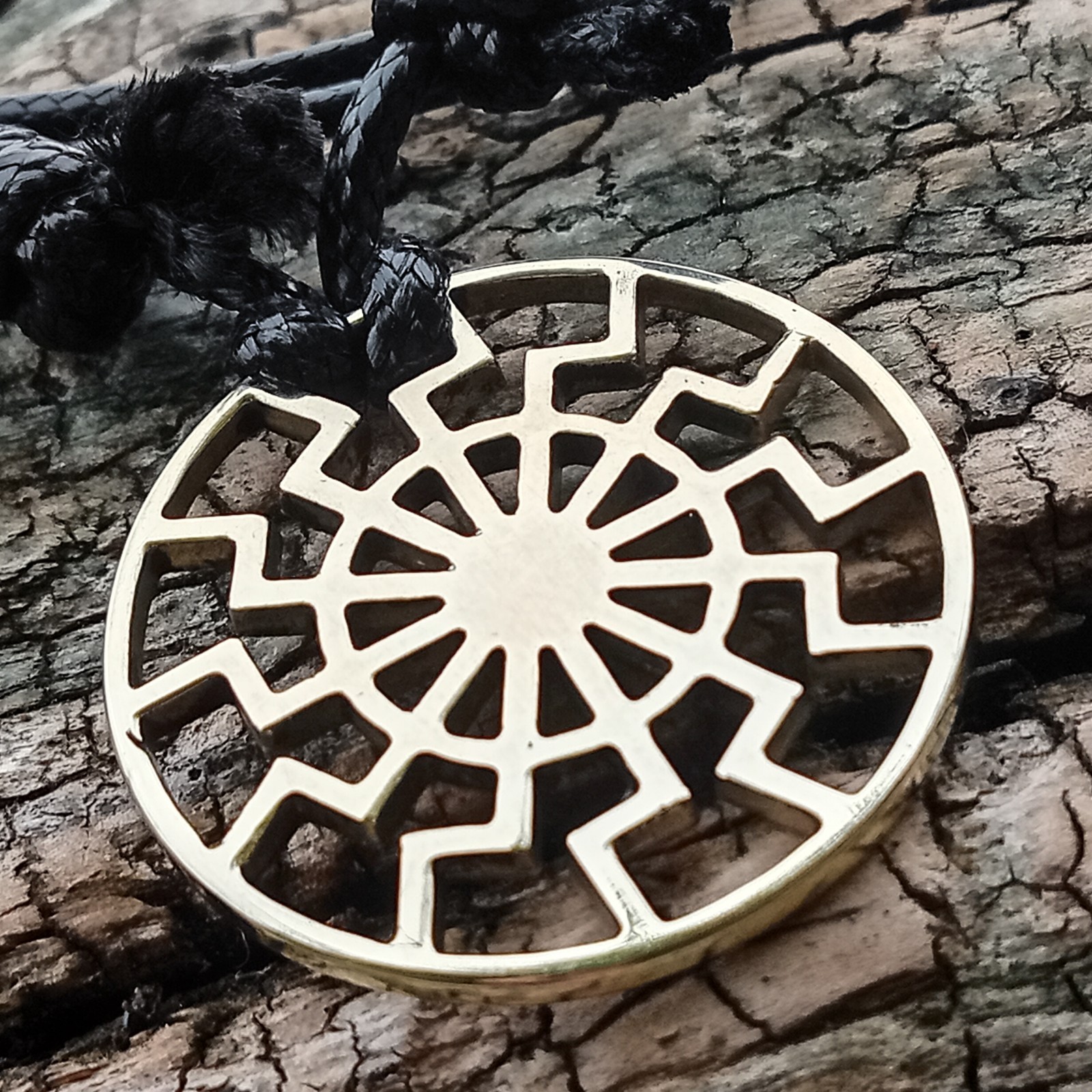 Black Sun Pendant Necklace – Brass Sonnenrad Medallion on Black Cord