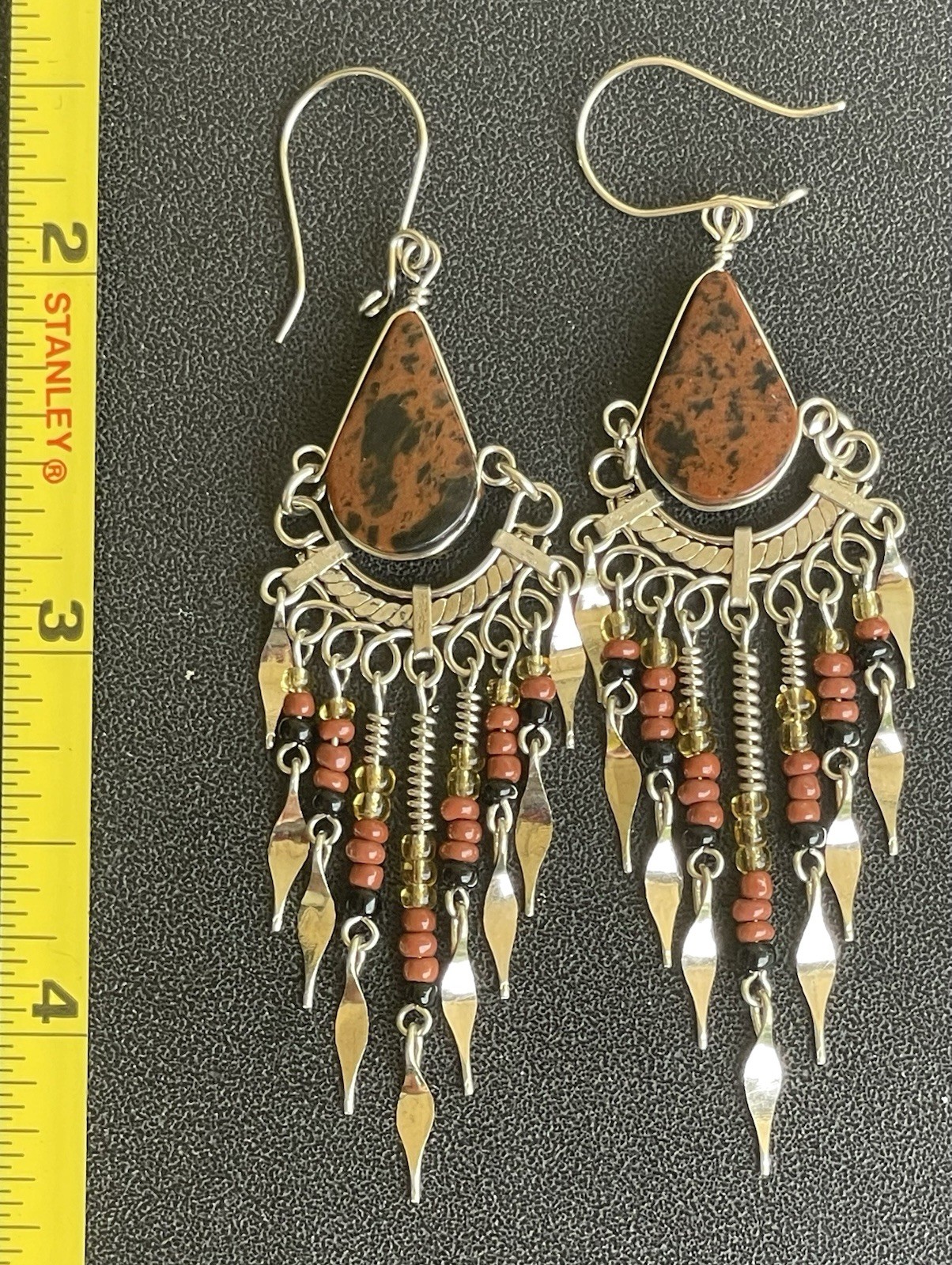 Peruvian Mahogany Obsidian Semi-Precious Stone Seed Bead Earrings Handmade Boho