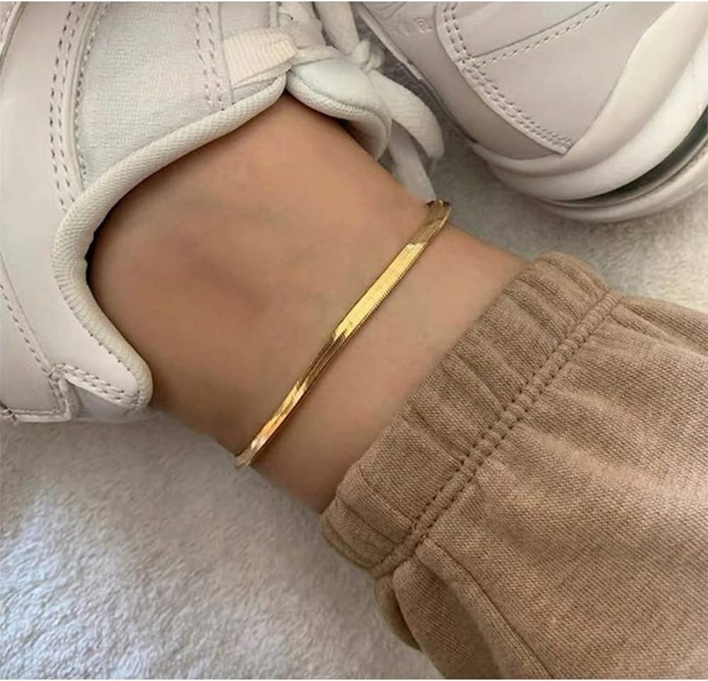 Exquisite 4mm Herringbone Anklet – Perfectly Plated in 14K Gold, Gift-Ready