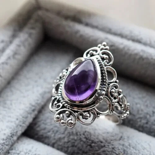 2Ct Pear Cut Simulated Amethyst Wedding Women Ring 14K White Gold Plated Silver