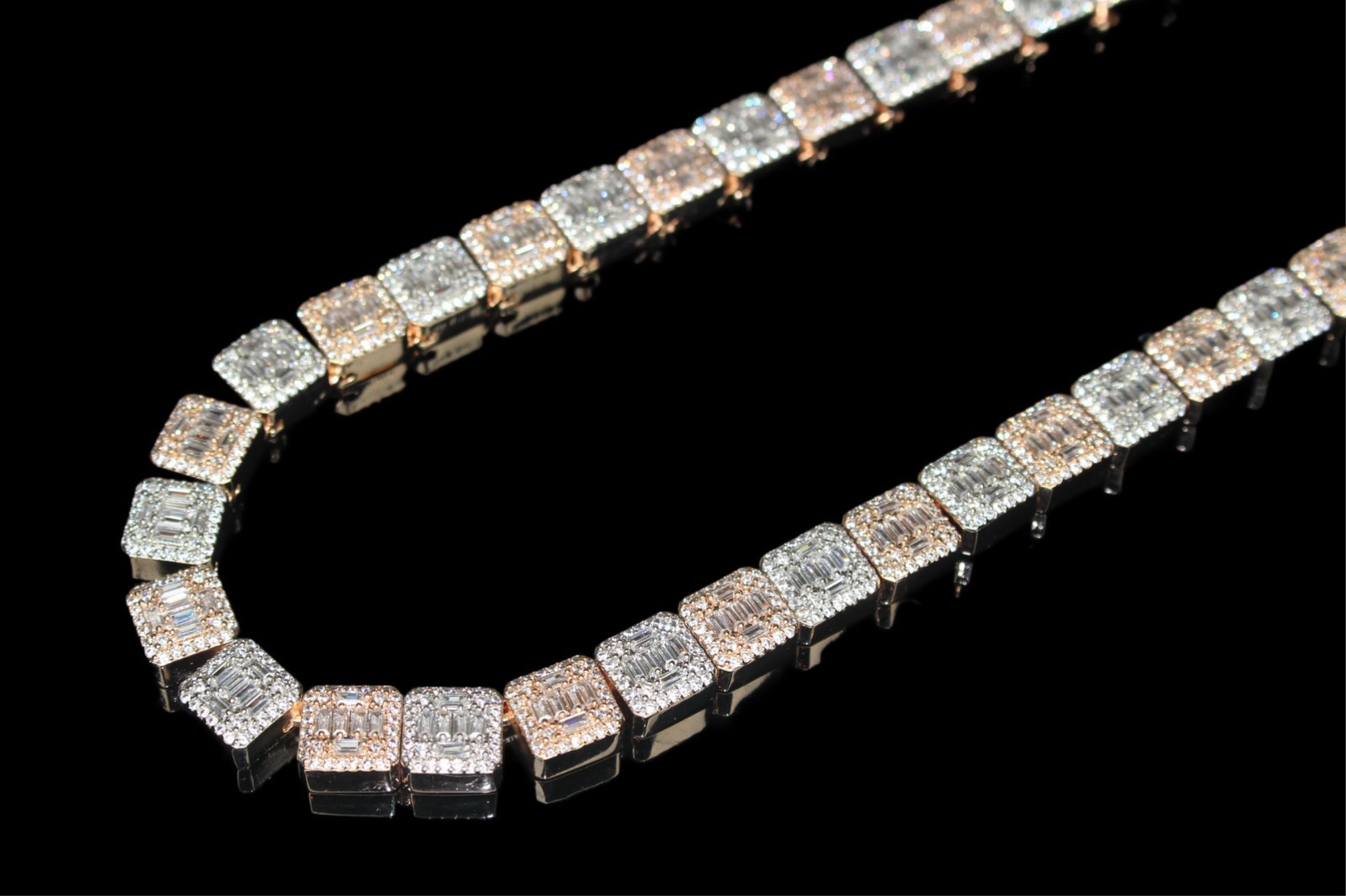 14k STAMPED 2-Tone ROSE Gold 10mm BAGUETTE Tennis 124ct Lab Sim Diamond Chain