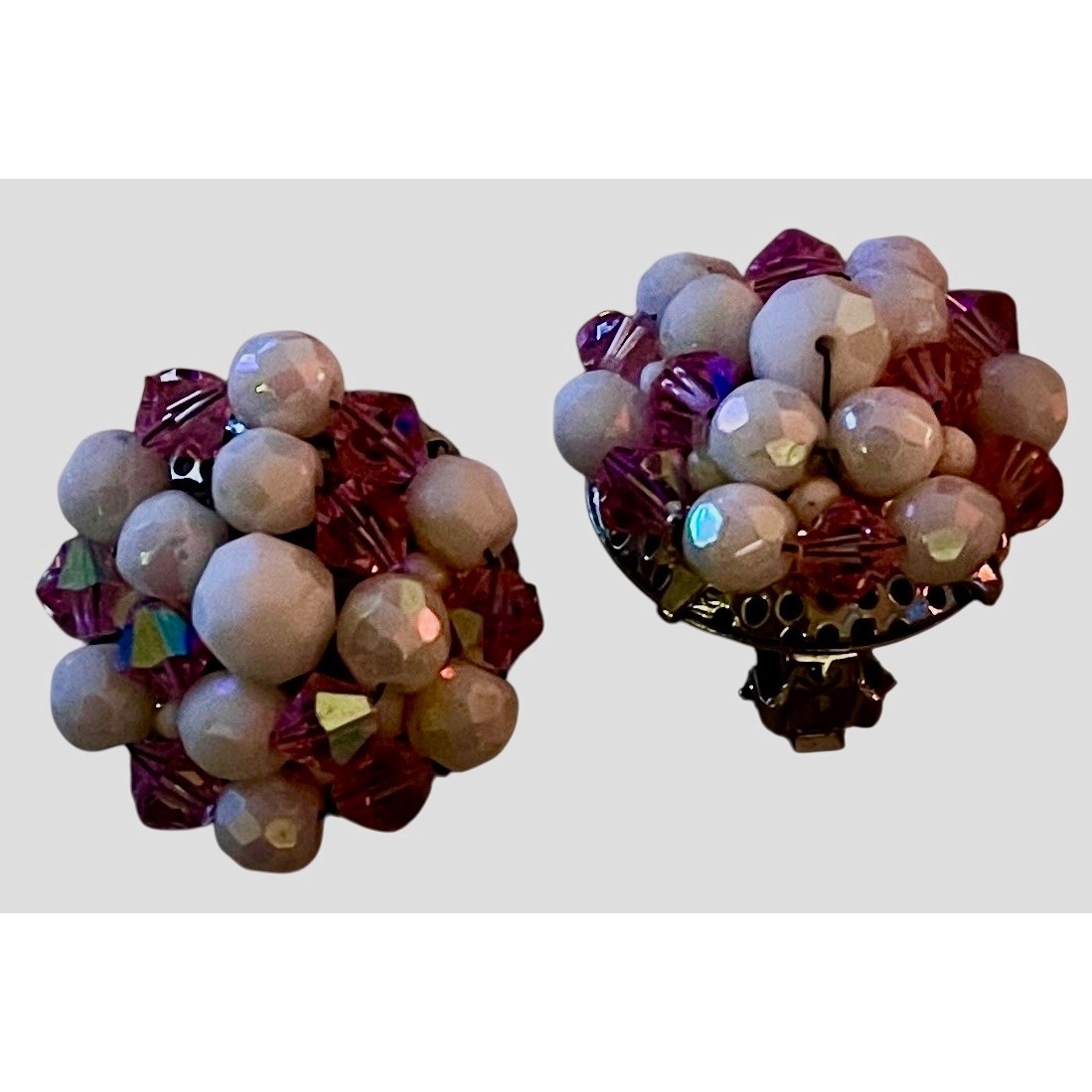 Vintage Hobé Pink Aurora Borealis Bead Cluster Clip-On Earrings Mid Century