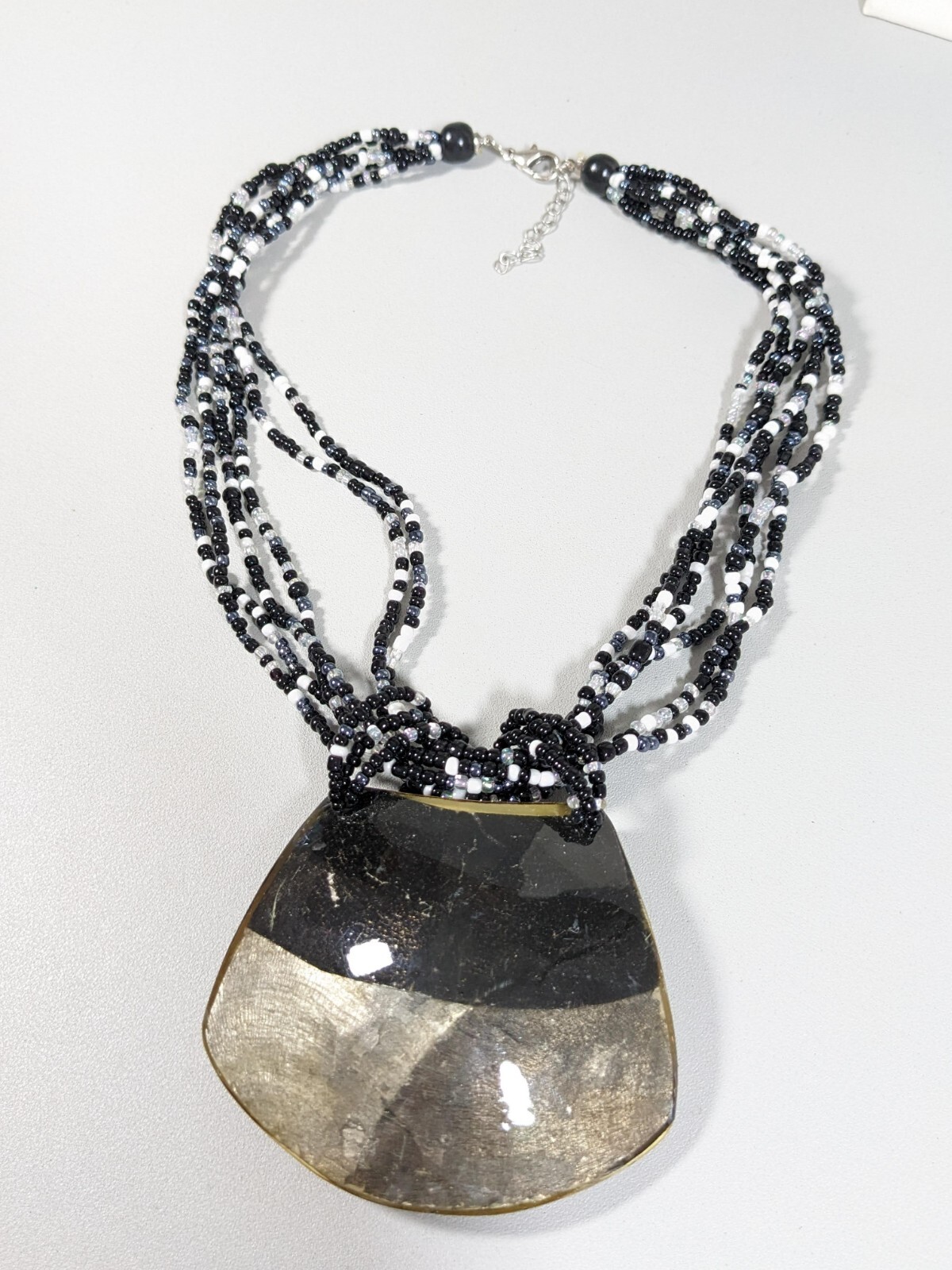 Black Gray White Glass Seed Bead Acrylic Curved Dome Pendant Necklace 20 inch