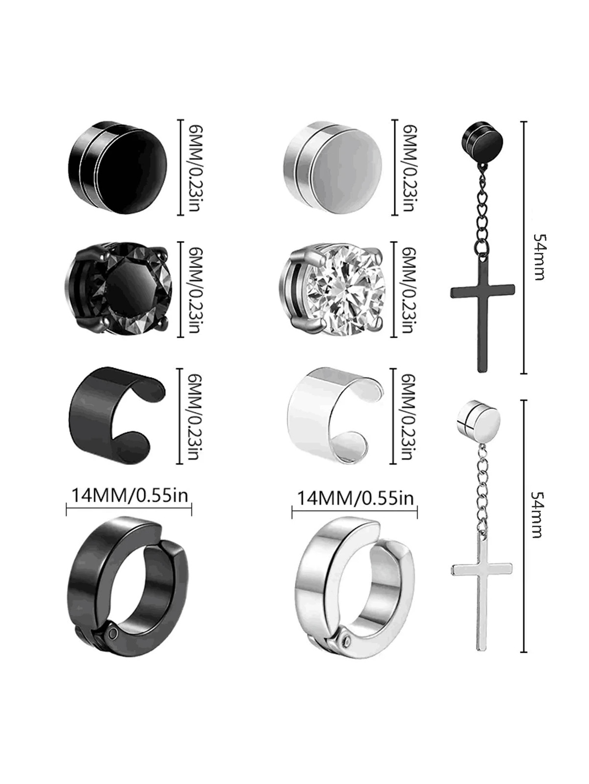 10 Pairs Magnetic Earrings Round Zircon Leaf Design Steel No Piercing Men