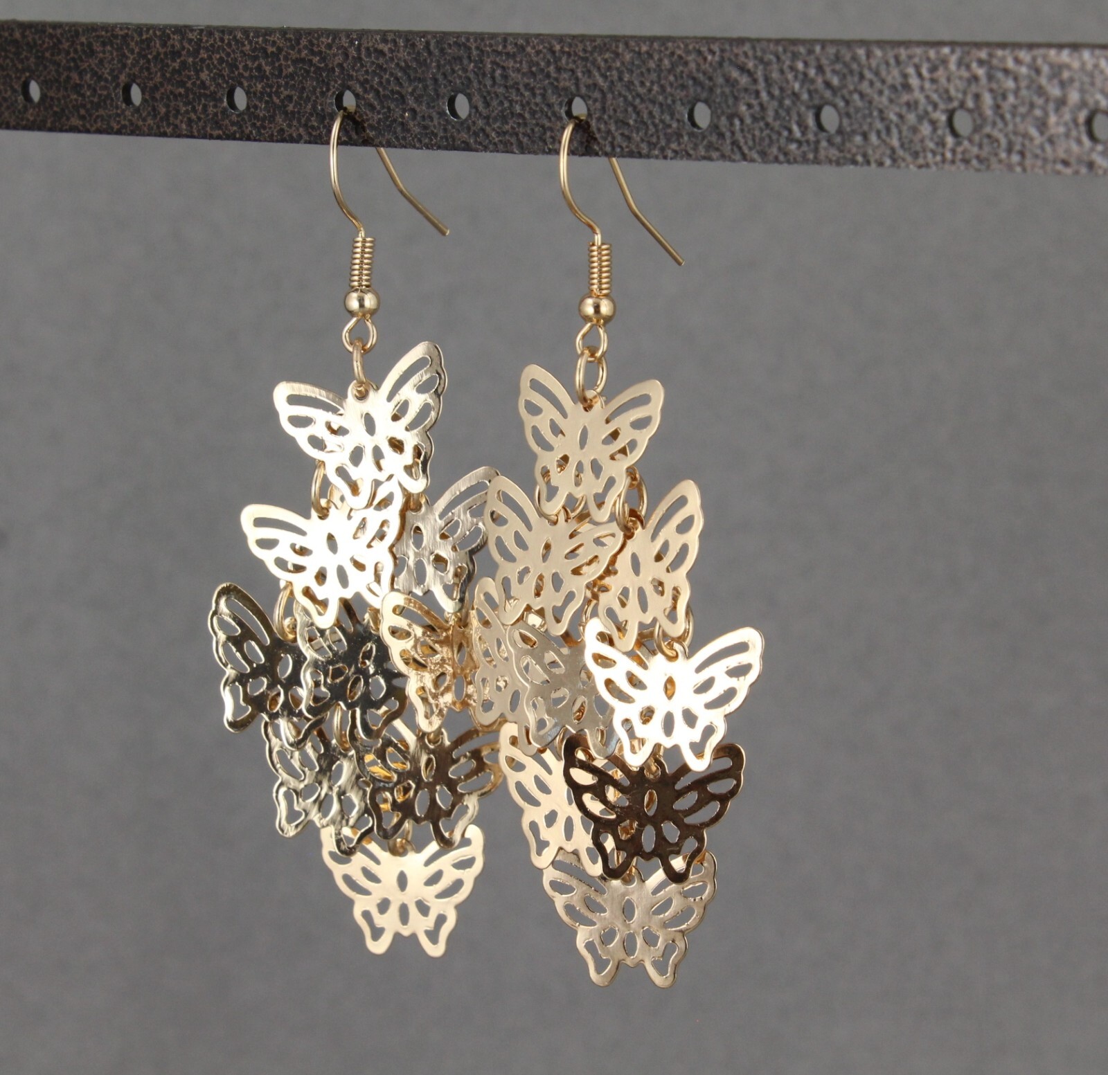 Gold chandelier earrings filigree butterfly dangle pendant wiggly 3″ long