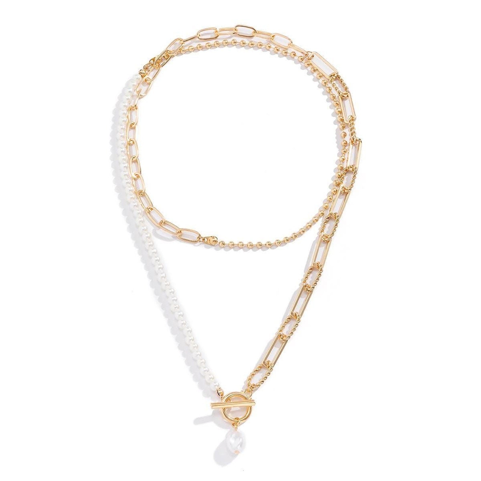 Layered Gold and Pearl Necklace: Paperclip Chain with Toggle Clasp (16-18″)