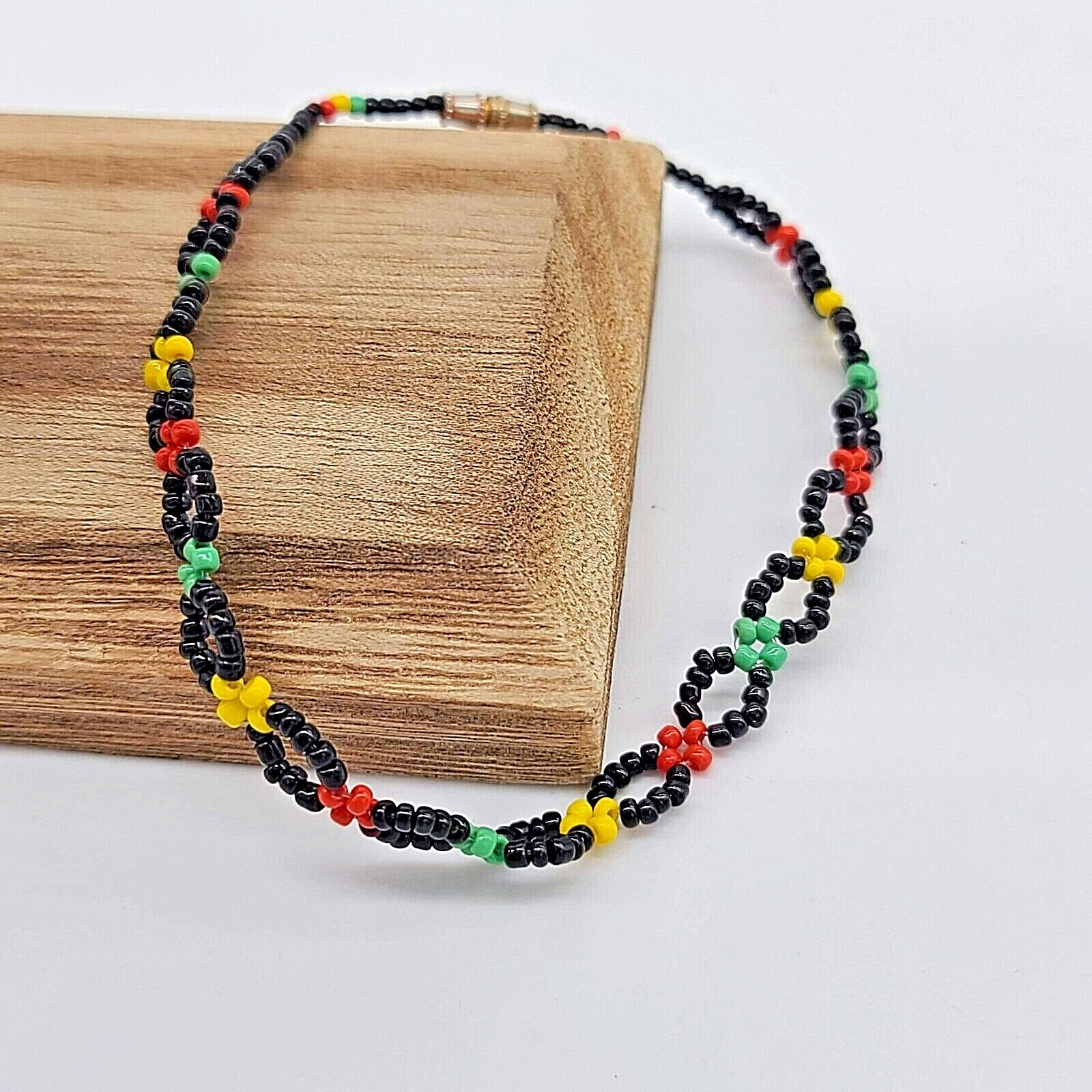 Black, Yellow, Red & Green Seed Bead Woven Anklet
