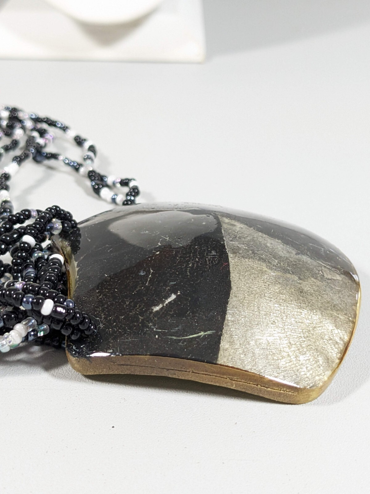 Black Gray White Glass Seed Bead Acrylic Curved Dome Pendant Necklace 20 inch