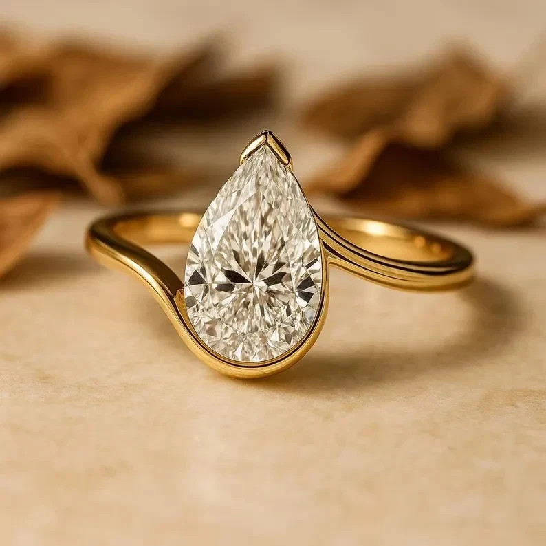 IGI 3Ct Pear-Cut EF/VS1 Lab Grown Diamond Bypass Engagement Ring 14K Yellow Gold