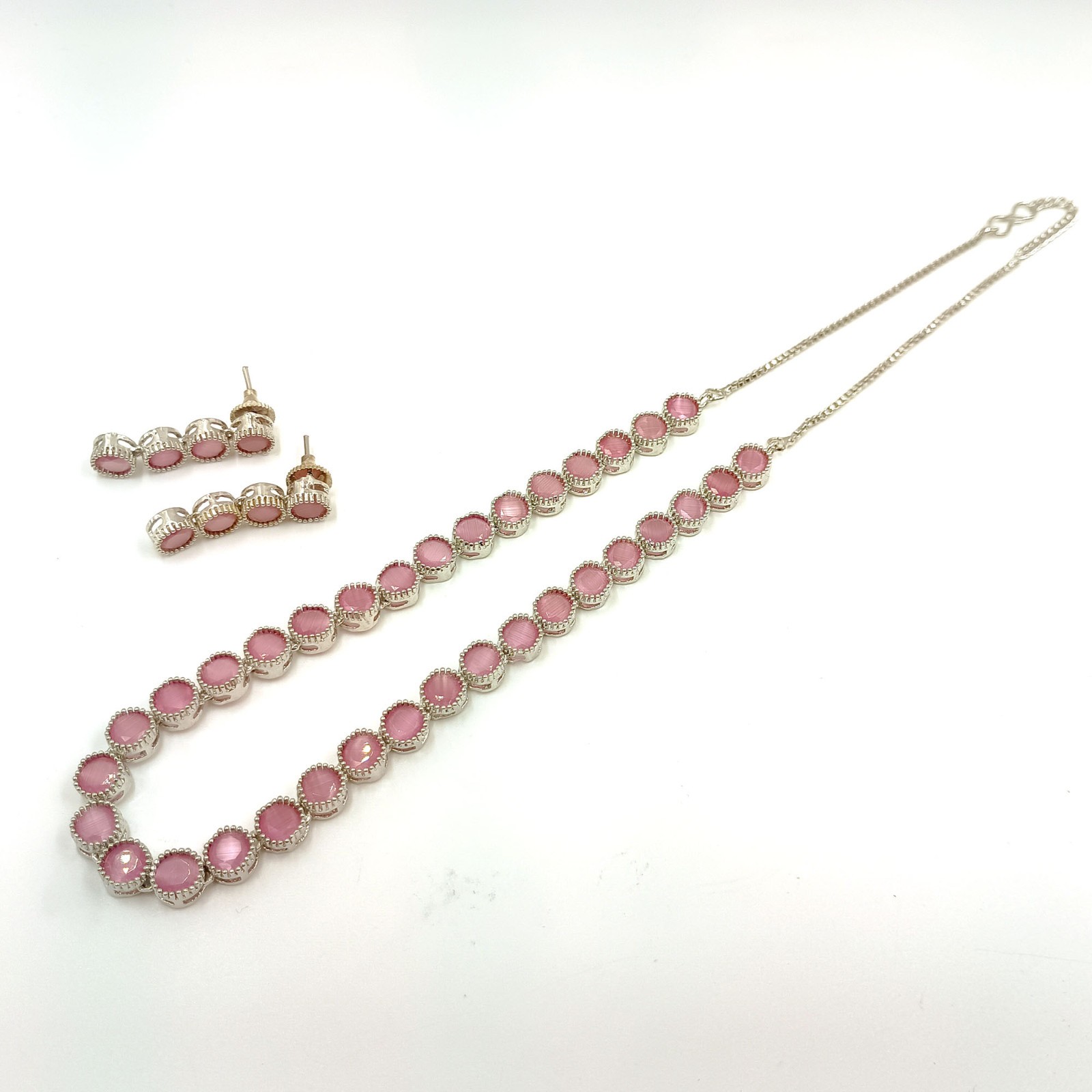 Rose Quartz Round Stone South Indian Necklace Set 22K Gold Plated Ethnic Jewelry
