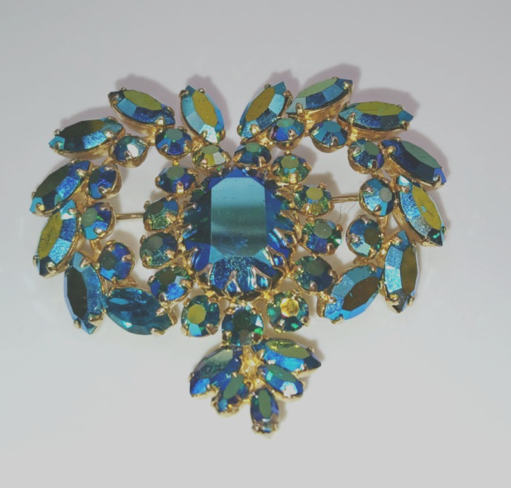 Vintage Sherman gold tone AB aqua yellow pink rhinestone brooch