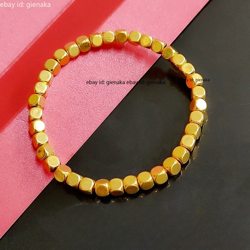 Real 999 24K Yellow Gold 3D Lucky 4mm Square Beads Bracelet Men Women Bangle