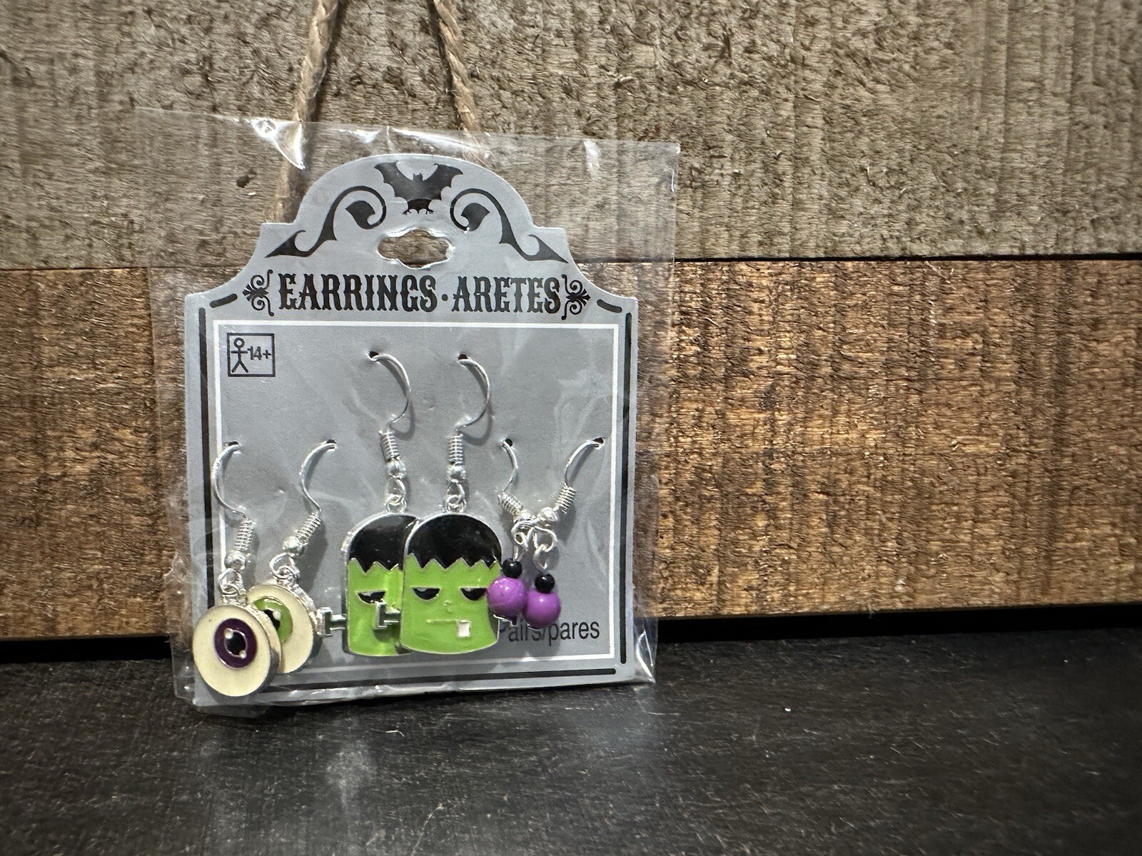 3-Amscan Halloween Earrings Eyeballs, Frankenstein, Black/Purple Balls Pierced