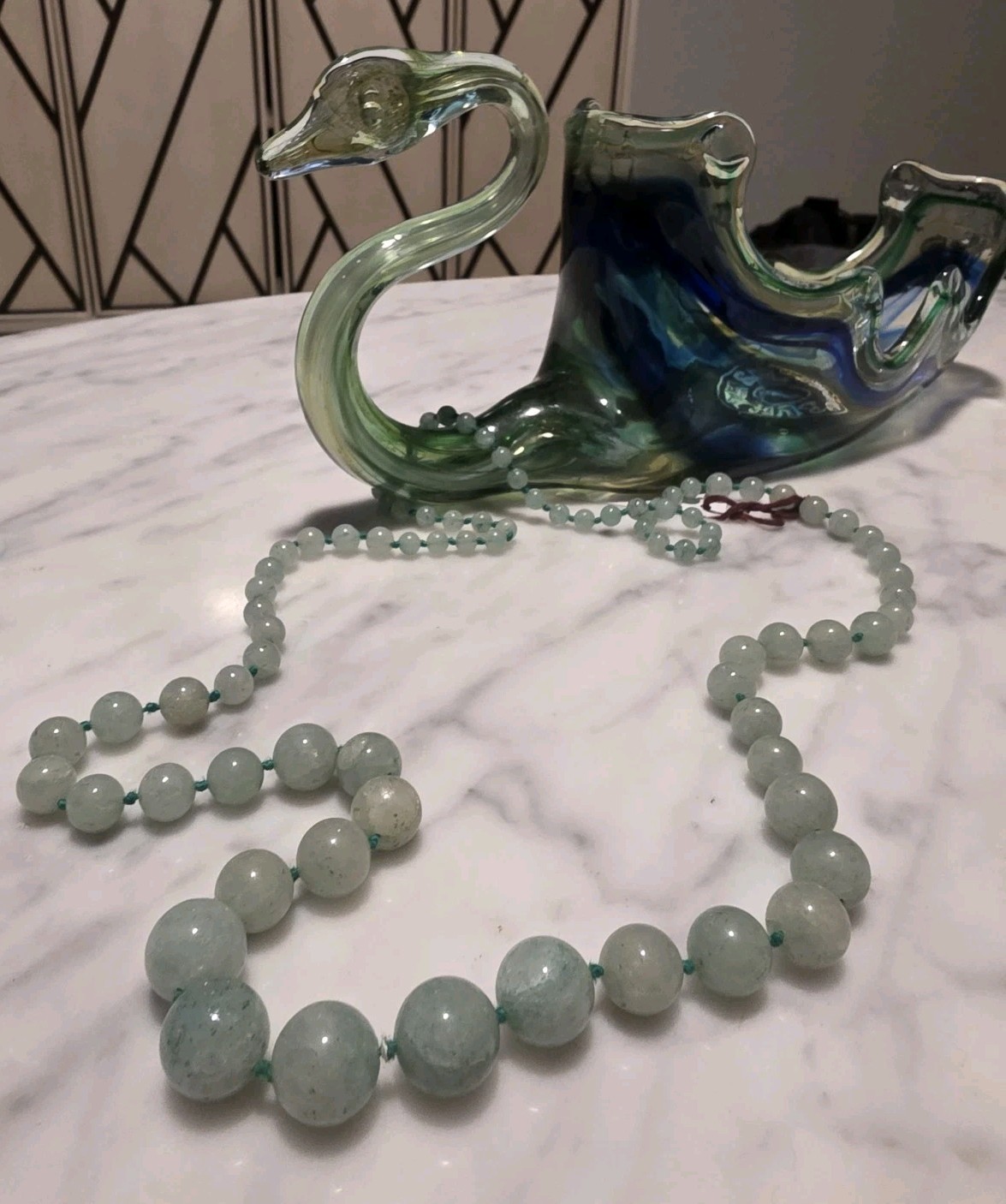 Vintage Green Jade Beaded Necklace Hand Knotted Round Strand Box Clasp Gemstone