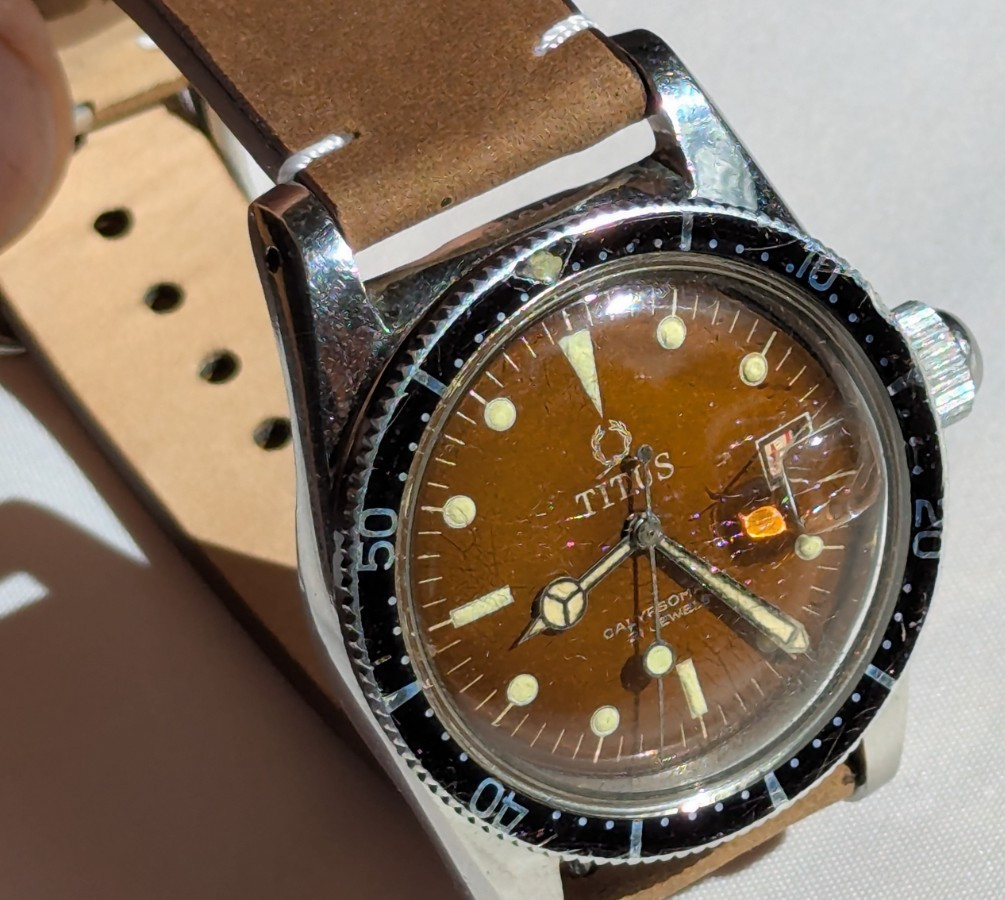 Vintage Titus Calypsomatic 7085 RARE Brown Dial Big Crown Model Caliber ETA 2472