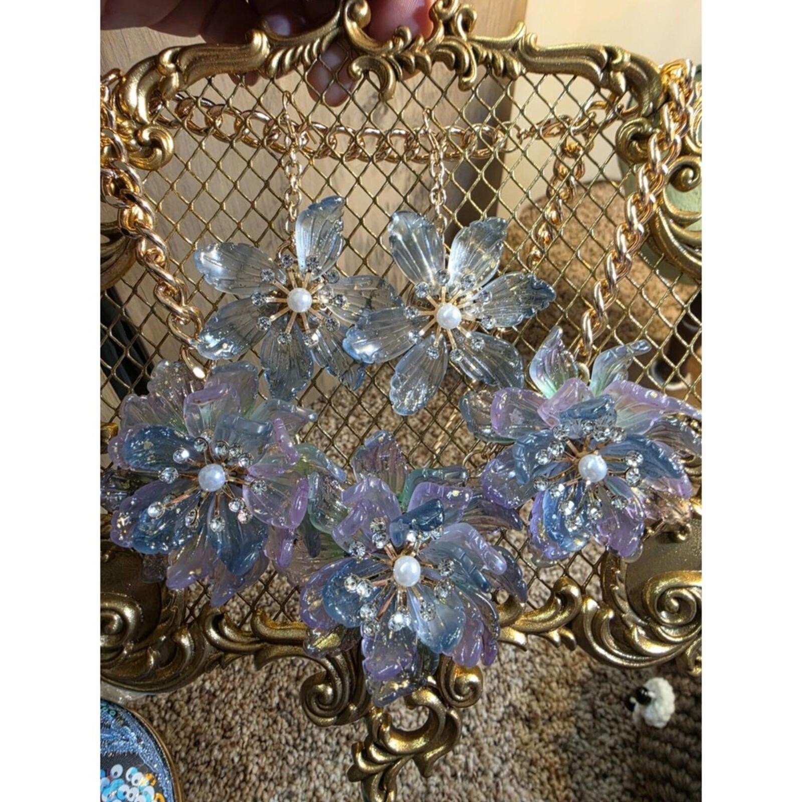 Purple and Blue 14k Gold-Plated Floral Statement Necklace and Earrings Set