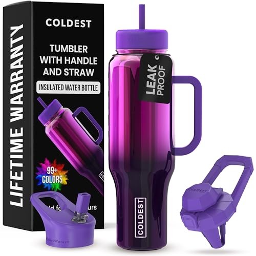 Coldest Tumbler with Handle and Straw – 100% Spill Proof 46 oz Purple Nova