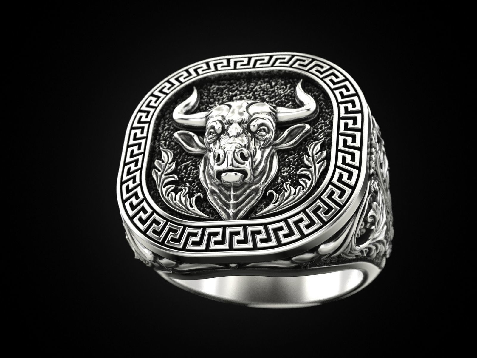 Oxidized Men’s Greek Ornament Pattern Bull 925 Sterling Silver Statement Rings