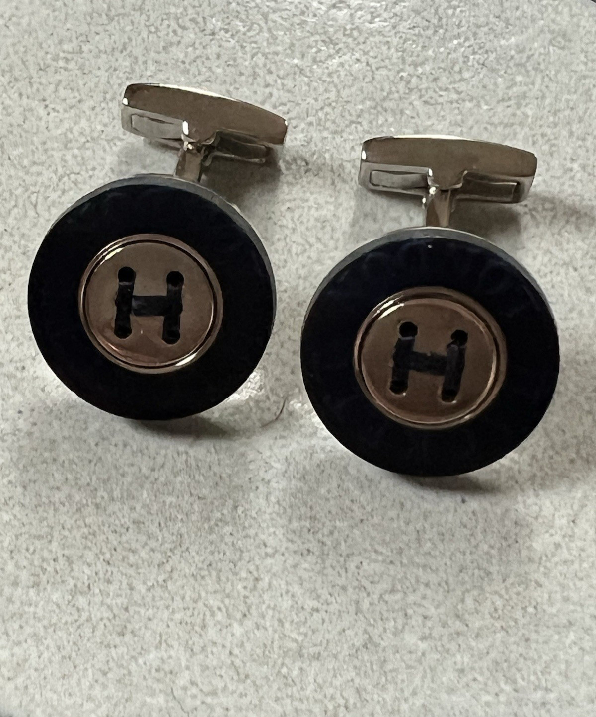 Hackett London men’s cufflinks British menswear black with H logo black & silver