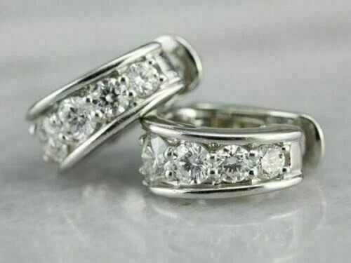 2.00Ct Round Cut Real Moissanite Women’s Hoop Earrings 14K White Gold Plated