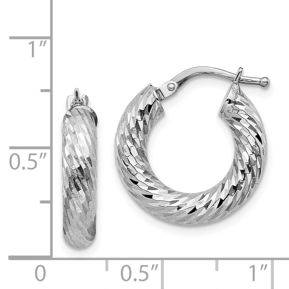 19mm 14k 4x10mm White Gold Diamond-cut Round Hoop Earrings