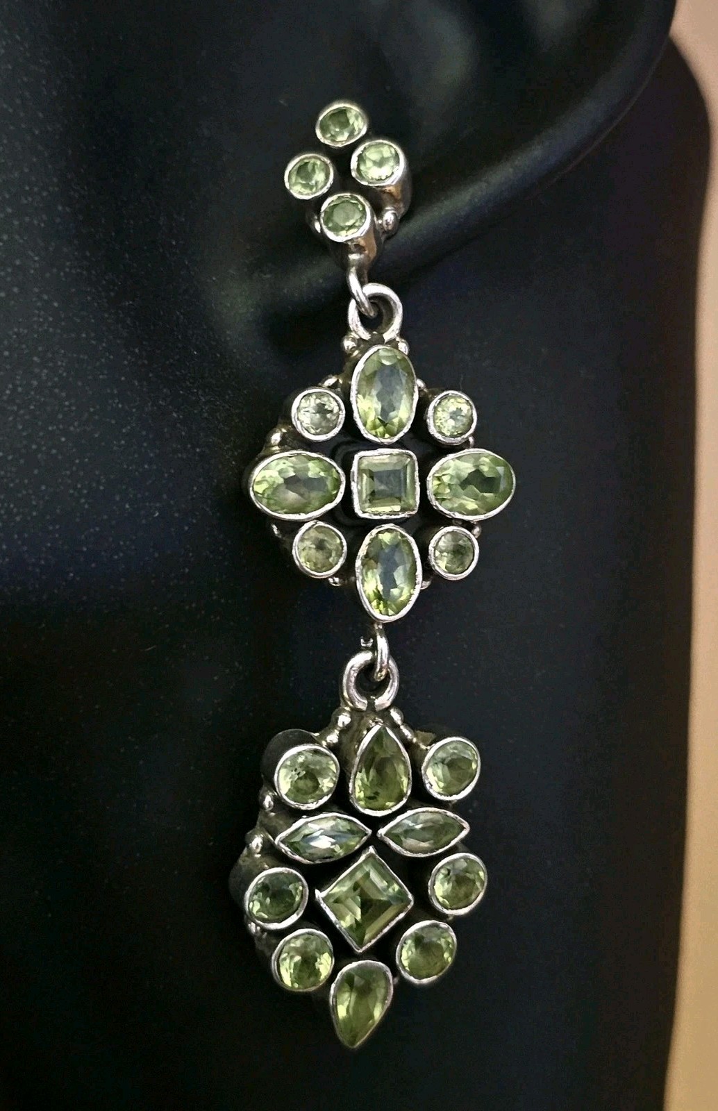 Vintage Sterling Silver Peridot Dangle Earrings 2.75″ Artisan Statement Drop 925