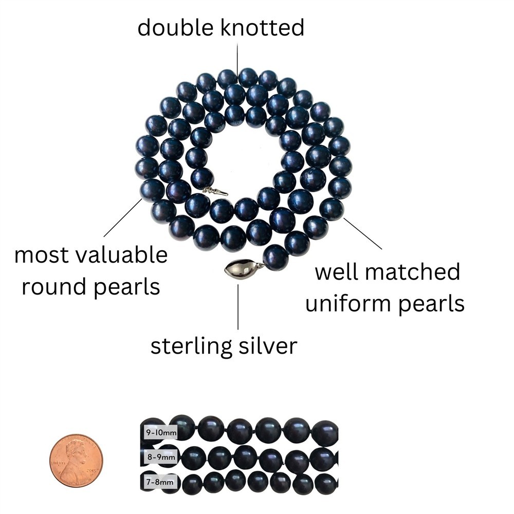 Long 24″ Inch ROUND 9-10mm Black Pearl Necklace Genuine Cultured Freshwater