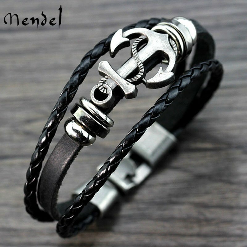 MENDEL Mens Sailor Beach Nautical Anchor Bracelet Leather Wristband Men Black