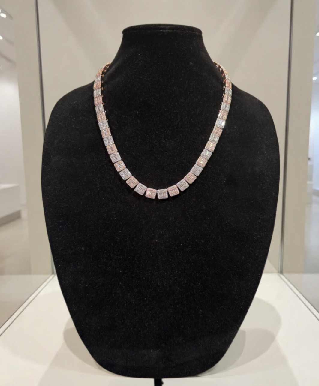 14k STAMPED 2-Tone ROSE Gold 10mm BAGUETTE Tennis 124ct Lab Sim Diamond Chain